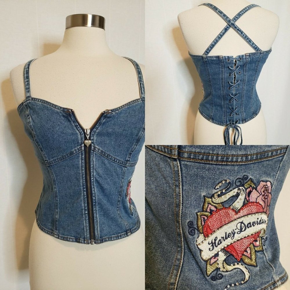 Harley Davidson Womens Denim Tank Top Size XS Embroidered Zip Front Biker